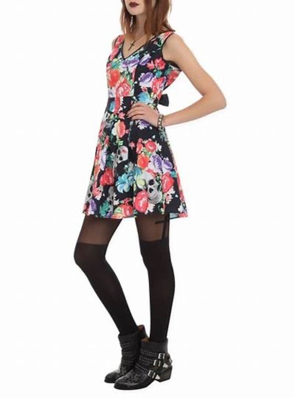 Iron Fist Roaming Hearts Skull Floral Print Fit & Flare Jersey Mini Dress Size M